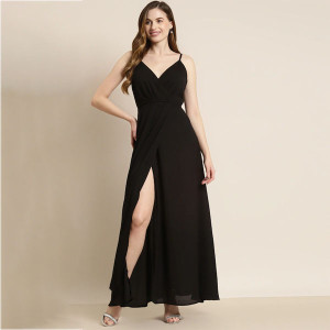 Black Solid Crepe Maxi Dress