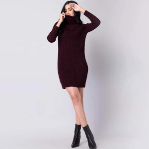 "Women Solid High Neck Sweater Dress "